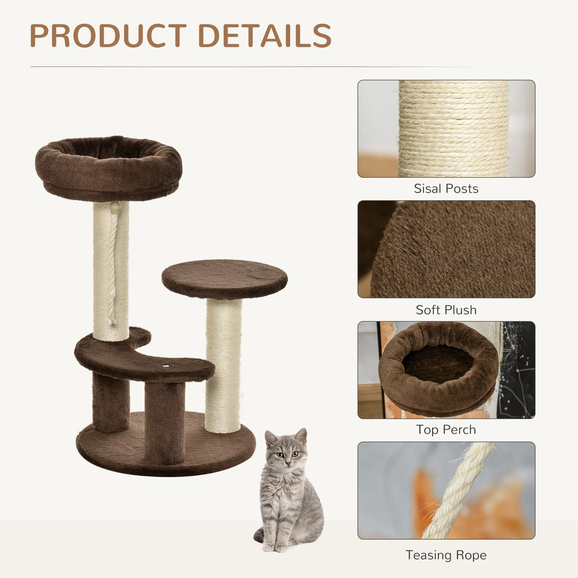 65 cm Cat Tree for Indoor Cats Kitty Scratcher Kitten Activity Center Scratching Post Playhouse 2 Perch w/ Hanging Sisal Rope Brown