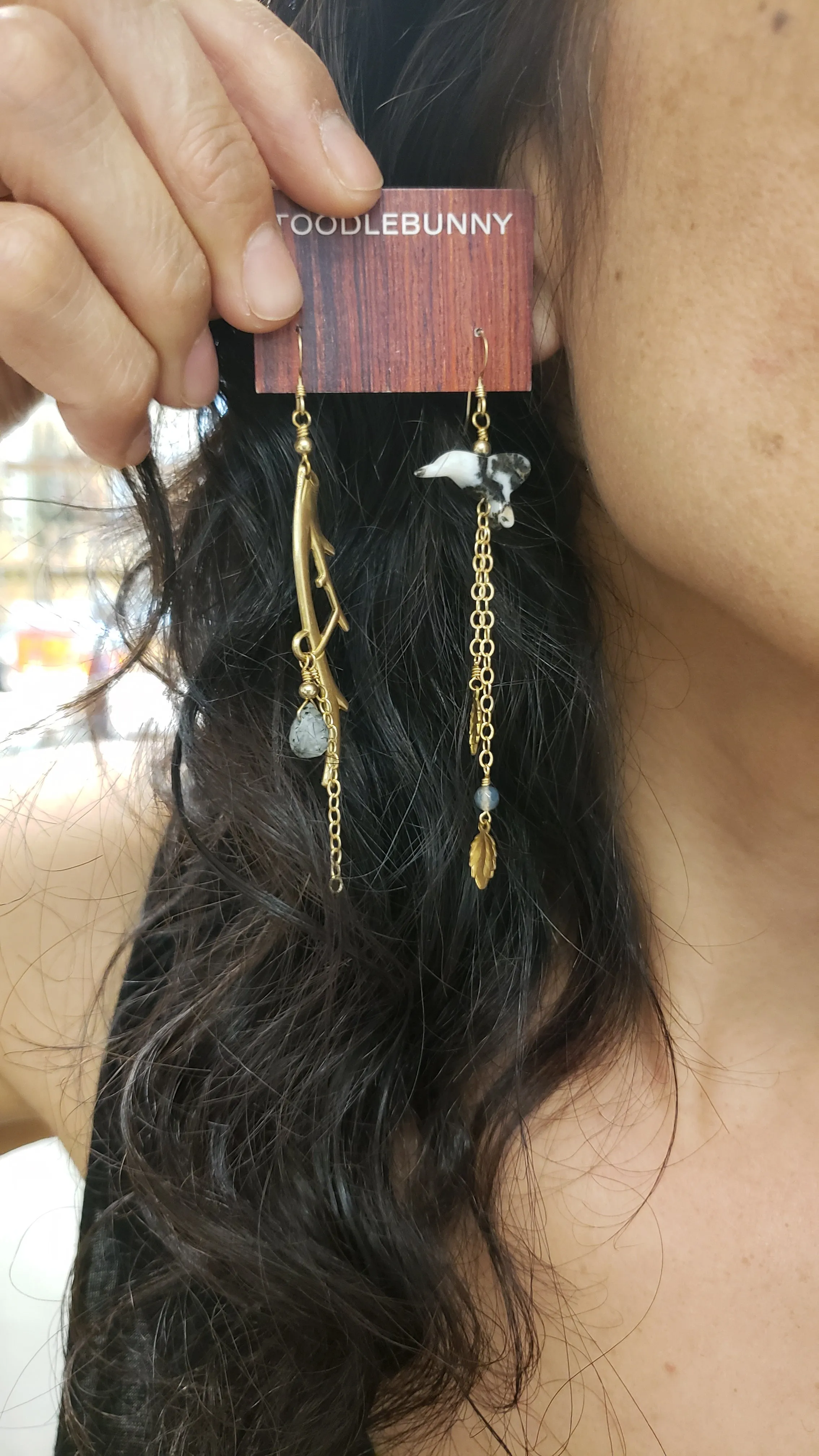 Asymmetric Twig Y Stone Bird Earrings - more colors available