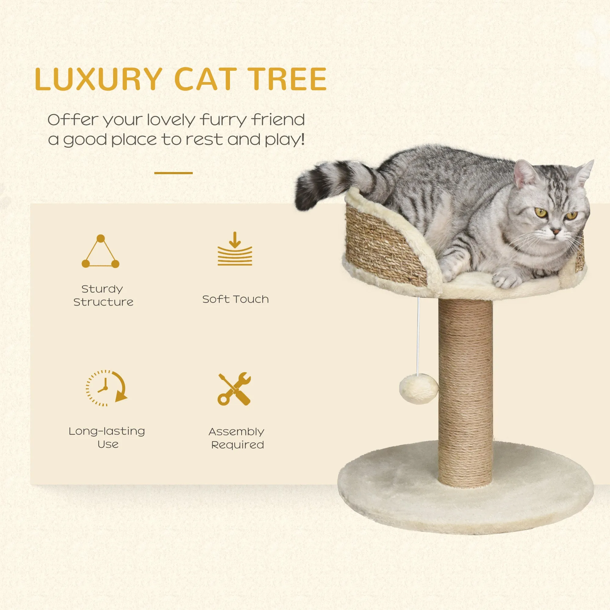 Basics Cat Tree Tower With Bed and Scratching Post,Cat Scratching Post Activity Center Kitten House with Dangling Ball Perch, Beige