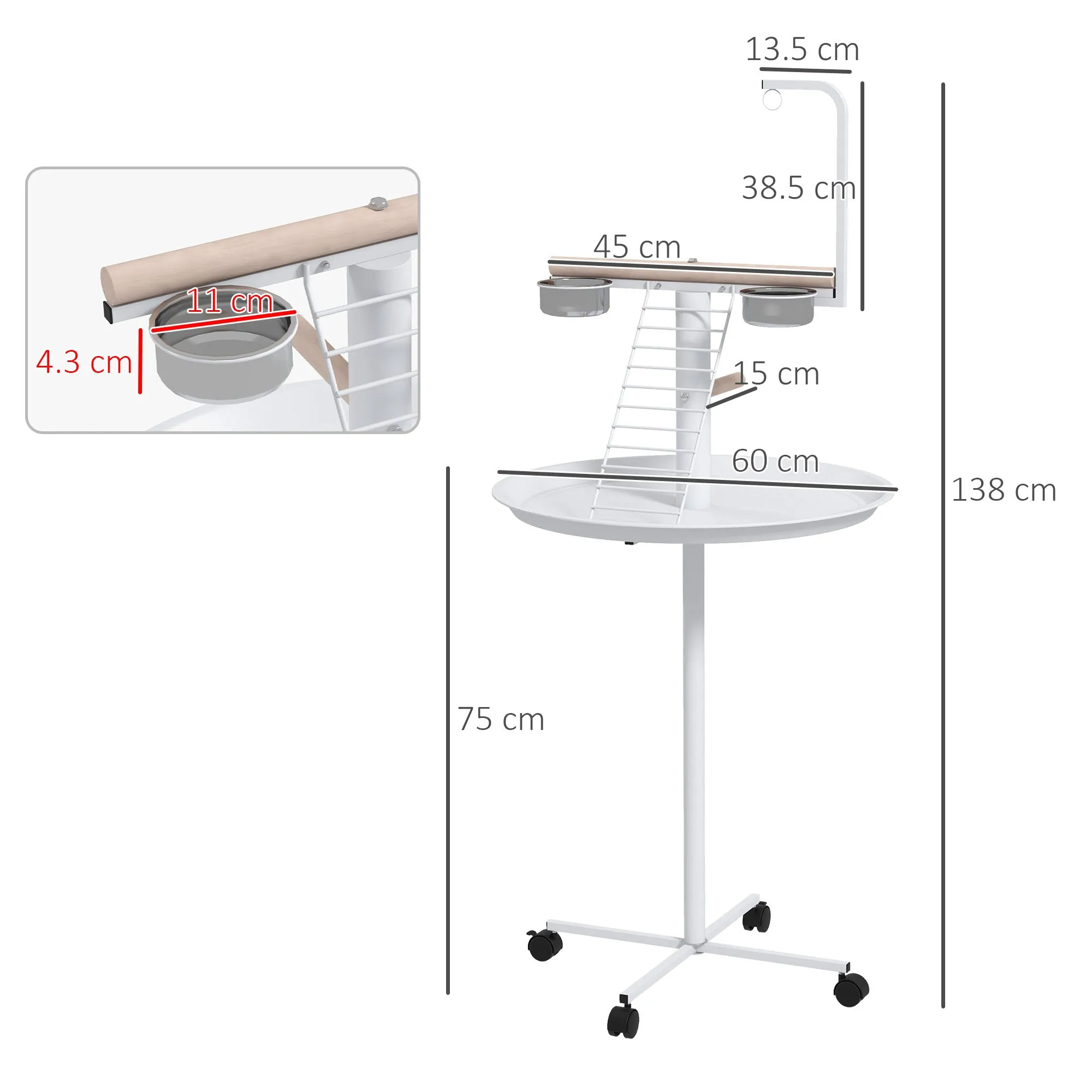 Bird Stand with Four Wheels, Perches, Stainless Steel Feed Bows, Round Tray, for Garden, Indoor, Outdoor - White