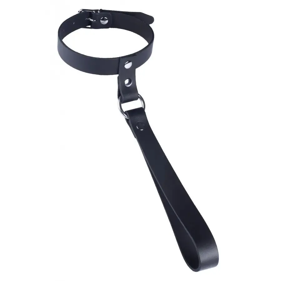 Black Bondage Leather Collar with Short Leash and Buckles