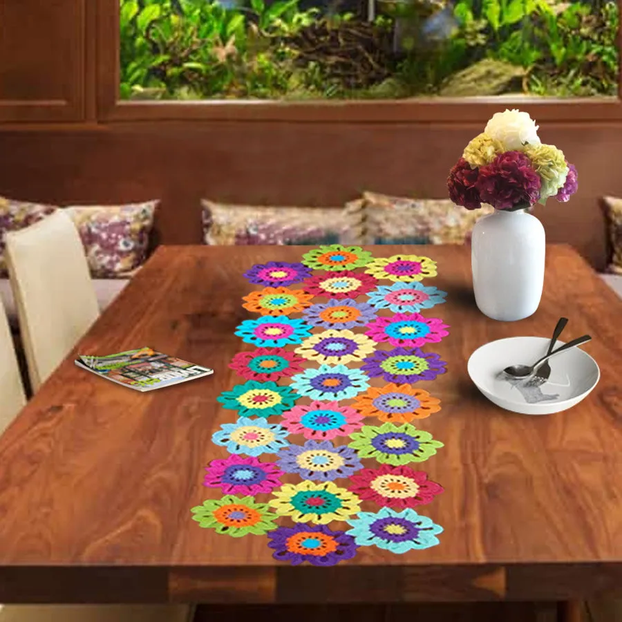 Colorful Crocheted Flower Table Runner