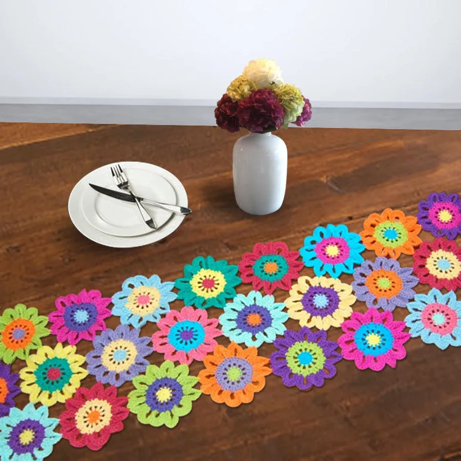 Colorful Crocheted Flower Table Runner