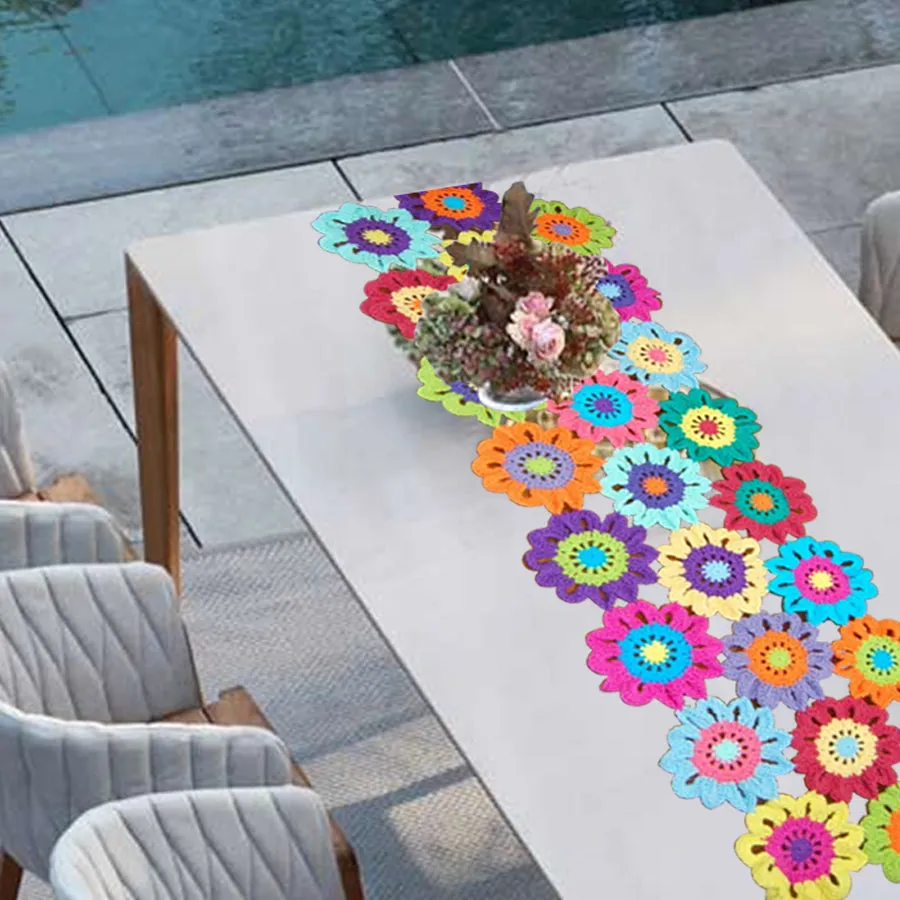 Colorful Crocheted Flower Table Runner