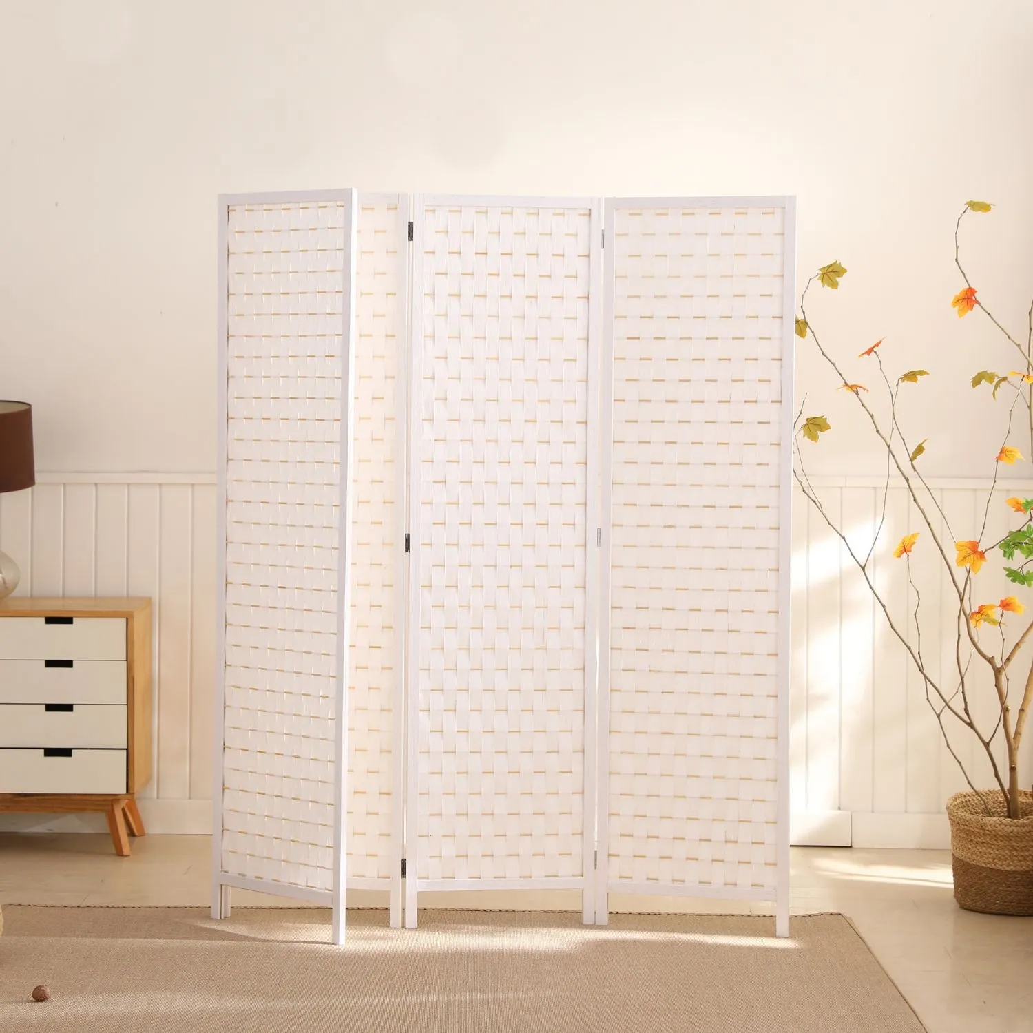 Eco-friendly Pine Wood Room Divider, Rattan Look - 4 Panel