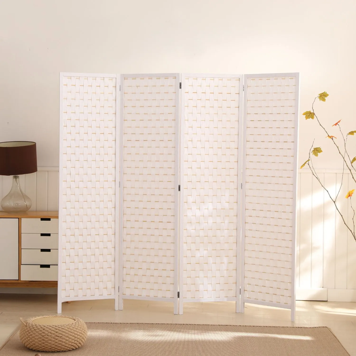 Eco-friendly Pine Wood Room Divider, Rattan Look - 4 Panel