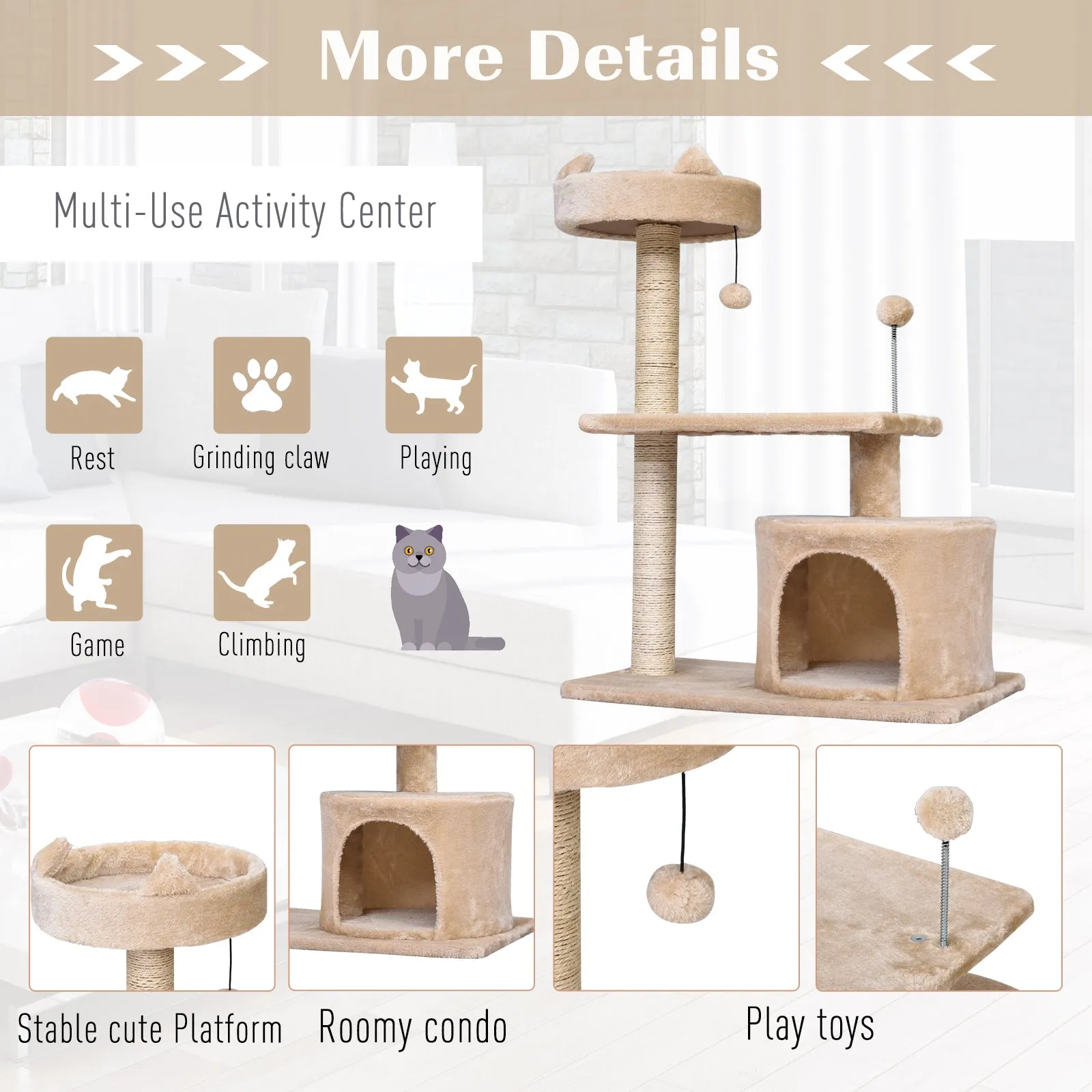 Mult Level Cat Tree for Indoor Cats with Scratching Post Bed Condo Perch, Kitten Climbing Tower, Beige 60L x 40W x 81H cm