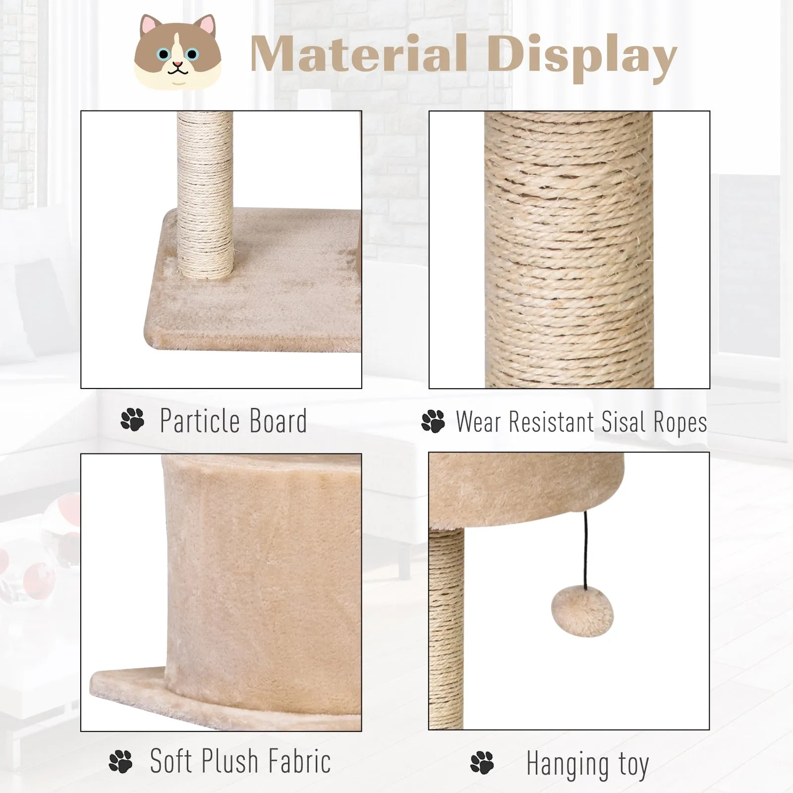 Mult Level Cat Tree for Indoor Cats with Scratching Post Bed Condo Perch, Kitten Climbing Tower, Beige 60L x 40W x 81H cm