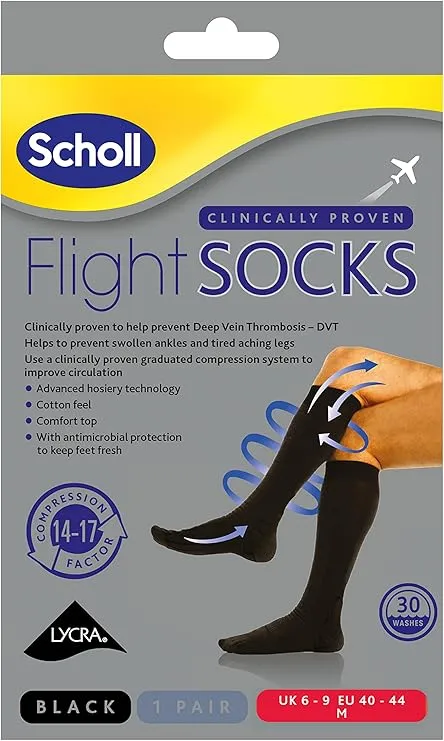 Scholl Black Cotton Feel Flight Socks Pair Medium Size 6-9