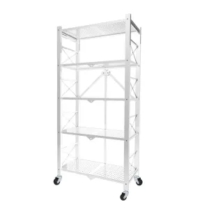 SOGA 5 Tier Steel White Foldable Display Stand Multi-Functional Shelves Portable Storage Organizer with Wheels